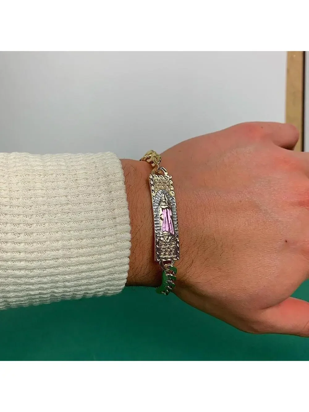 Vintage Y2k Style Gold Saint Marry Pink Pendant Cuban Link Figaro Bracelet.